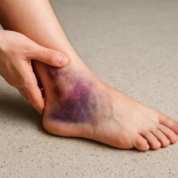 Fotografía realista de un tobillo inflamado y enrojecido tras un esguince, con signos visibles de lesión y dolor