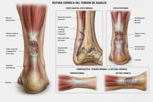 Ilustración médica de una rotura crónica del tendón de Aquiles con retracción, tejido cicatricial y defecto tendinoso